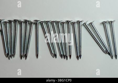 Rangée aléatoire de clous de toiture argentés dans une rangée horizontale sur un fond blanc Banque D'Images