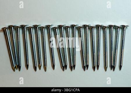 Rangée horizontale organisée de clous de toiture argentés sur un fond blanc Banque D'Images