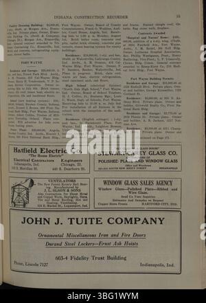 L'Indiana construction Recorder, daté du 25 juin 1927, est la publication officielle de l'Indiana Society of Architects. Il comprend des mises à jour sur les associations de construction, les matériaux et fournitures de construction, des publicités et des informations sur les contrats et les projets attribués dans l'Indiana. Banque D'Images