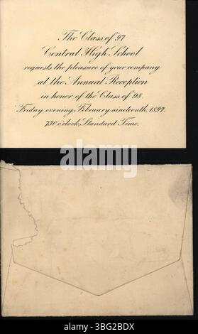 Cette invitation de 1897 annonce la réception annuelle de la promotion 1898, qui a eu lieu le 19 février 1897. La réception, une tradition de longue date à Central High School, a célébré la classe senior tandis que la classe junior a honoré les seniors. Banque D'Images