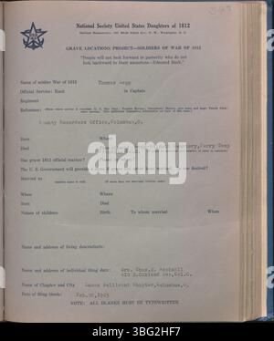 Cette collection identifie les lieux de sépulture des soldats de l'Ohio qui ont participé à la guerre de 1812. Créé entre 1942 et 1948 par la National Society of United States Daughters de 1812, il fournit des informations sur l'emplacement des tombes et la lignée des anciens combattants de l'Ohio. Banque D'Images