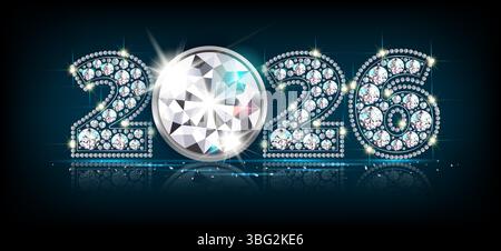 Nouvel an 2026 numéros de pierres précieuses de grand diamant de luxe. Fond noir avec lueur bleue, illustration vectorielle réaliste 3D. Illustration de Vecteur