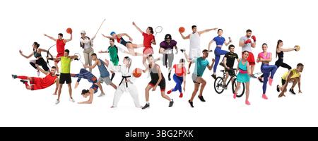 Les gens engagés dans différentes activités sportives sur fond blanc, collage Banque D'Images