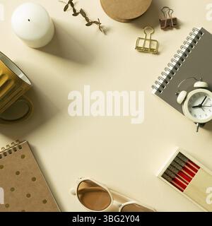 Divers articles de papeterie, fournitures de bureau d'école sur fond beige. Espace de travail. pose à plat, vue de dessus, espace de copie Banque D'Images