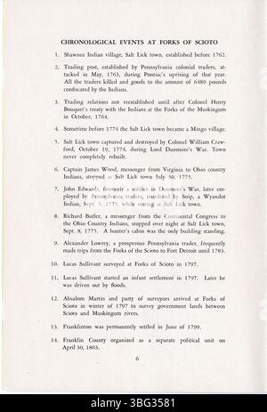 Le pamphlet de 1952 publié par la Franklin County Historical Society énumère 50 événements historiques clés dans le comté de Franklin, Ohio, documentant des moments importants dans le développement de Columbus. Banque D'Images
