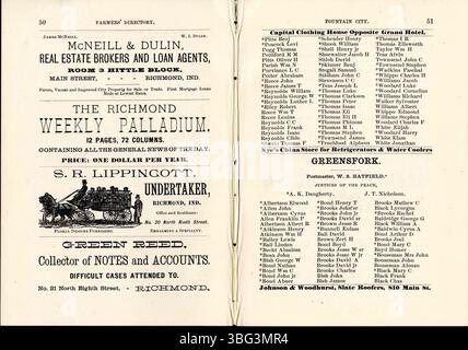 Page 27 du Wayne County Farmers Directory de 1884, offrant une liste complète des agriculteurs du comté de Wayne, Indiana, et du comté de Preble, Ohio, avec des biographies et des répertoires de villes. Banque D'Images