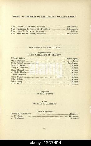 Cette page du rapport annuel de 1924 de la prison pour femmes de l'Indiana comprend des rapports sur la santé des détenus, les routines quotidiennes et l'infrastructure institutionnelle, ainsi que des détails sur le personnel. Banque D'Images