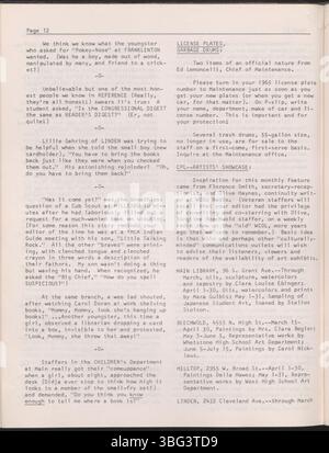 Une page tirée de *Bookery Briefs*, datée du 16 mars 1965, donne un aperçu des communications internes de la Bibliothèque métropolitaine de Columbus, soulignant les activités du personnel et les événements de la bibliothèque, reflétant le rôle de la bibliothèque dans l'engagement communautaire. Banque D'Images