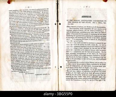 Les actes de la convention de l'Indiana de 1838 tenue à Milton, qui a formé une société d'État anti-esclavage. Le document comprend la constitution de la société, un discours et des détails sur son cadre organisationnel. Banque D'Images