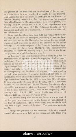 Cette page du premier rapport annuel de la Société Columbus pour la prévention et la guérison de la tuberculose décrit les activités de l'organisation au cours de ses premières années. Carrie Nelson Black, fondatrice et présidente de longue date, a dirigé les efforts de lutte contre la tuberculose dans l'Ohio, avec des programmes comme Nightingale Cottage for Sick Children. La Société a joué un rôle majeur dans les initiatives de santé publique dans la région. Banque D'Images