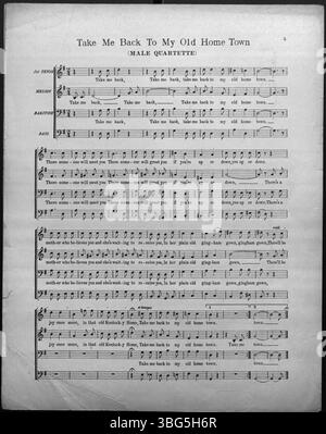 La couverture de 1911 de Take me Back to My Old Home Town présente un dessin partagé montrant une scène urbaine et une ville rurale sur des côtés opposés. Au centre, une photographie de Harold Hill est incrustée, transmettant le contraste entre la vie citadine et le désir nostalgique de vivre à la campagne. Banque D'Images