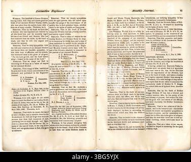 Ce numéro de janvier 1869 du journal mensuel de la Fraternité des ingénieurs de locomotive comprend des articles sur l'exploitation ferroviaire et des mises à jour syndicales, couvrant des sujets locaux et nationaux. Banque D'Images