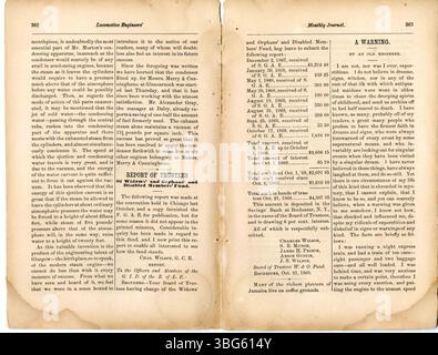 Ce numéro d'août 1869 de la Brotherhood of locomotive Engineer's Monthly Journal se concentre sur les intérêts du département des chemins de fer des locomotives, avec des articles locaux et nationaux, et des mises à jour de division pour les ingénieurs et les travailleurs des chemins de fer. Banque D'Images