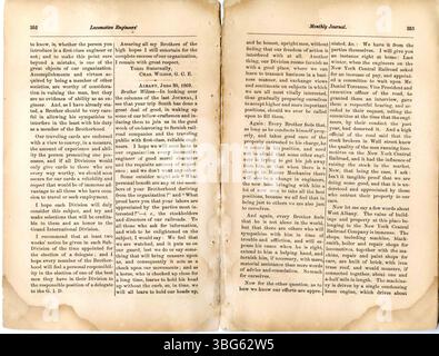 Cette édition du Journal mensuel de la Fraternité des ingénieurs de locomotive d'août 1869 comprend des mises à jour propres à la division, en mettant l'accent sur les questions ferroviaires importantes pour les ingénieurs de locomotive. Banque D'Images