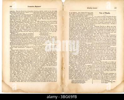 L'édition d'août 1869 du Journal mensuel de la Fraternité des ingénieurs de locomotive traite des intérêts des mécaniciens de locomotive, en mettant l'accent sur les sujets ferroviaires nationaux et locaux, ainsi que sur les mises à jour de la division. Banque D'Images