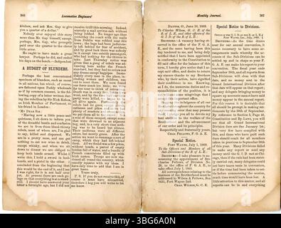 Cette édition du journal mensuel de la Fraternité des mécaniciens de locomotive, d'août 1869, contient des articles et des notes de division concernant les intérêts des mécaniciens de locomotive dans le contexte de l'industrie ferroviaire. Banque D'Images