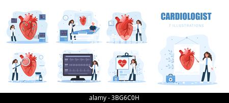 Concept cardiologue. Diagnostic et traitement médicaux cardiaques. Ensemble de médecins féminins. Illustrations vectorielles dans un style de dessin animé plat Illustration de Vecteur