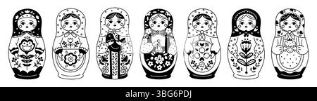 Icônes de poupée Matryoshka. Style de gravure, silhouette noire et blanche de poupées russes, jouets folkloriques traditionnels avec motif de fleurs, décoratif traditionnel Illustration de Vecteur