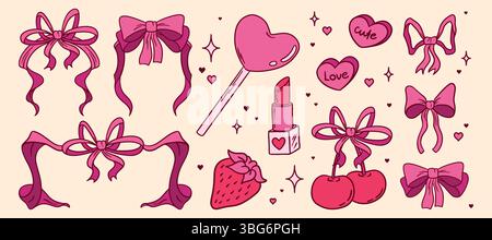 Coquette rose doodle Set - mignon Girly autocollants et collection de patchs. Cadres de ruban dessinés à la main et bonbons coeur, rouge à lèvres et noeuds, illustrations de fraise et de cerise. Accessoires de dessin animé féminins. Illustration de Vecteur