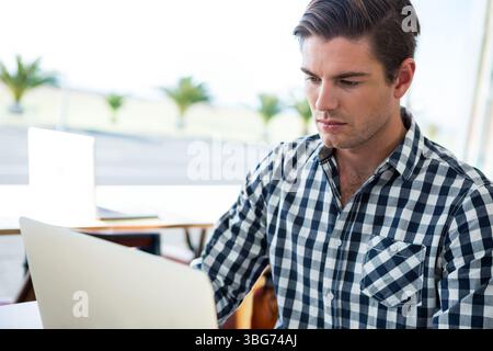 Homme travaillant à table dans un café sur un ordinateur portable argenté près des fenêtres avec des paumes en pot, espace de copie Banque D'Images