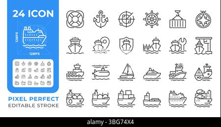 Icônes de ligne parfaite de pixel de transport maritime Illustration de Vecteur