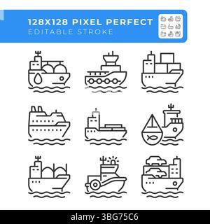 Icônes de ligne parfaite pixel de types de magasins de fret définies Illustration de Vecteur