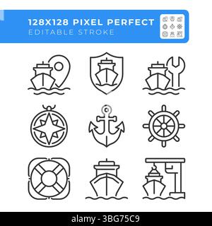 Ensemble d'icônes de ligne parfaite de pixel d'industrie maritime Illustration de Vecteur