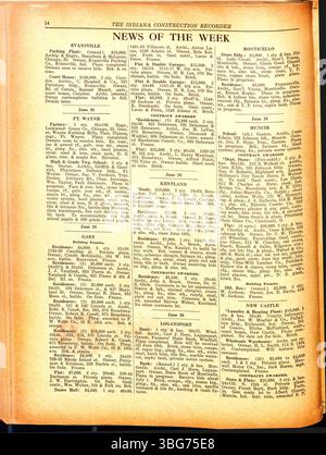 L'Indiana construction Recorder, daté du 7 juin 1919, est une publication de l'Indiana Society of Architects and Building Contractors associations. Il couvre des sujets tels que les associations de construction, les matériaux de construction, les fournitures, la publicité, et les contrats et projets de construction attribués dans tout l'Indiana. Banque D'Images