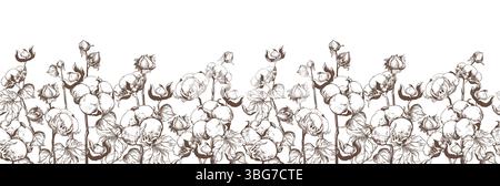 Motif sans couture avec coton. Esquisse vectorielle à l'encre noire sur fond blanc. Feuilles et fleurs de coton, illustration détaillée de la ferme dans le style de gravure. Design pour textile. Illustration de Vecteur