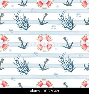 Motif nautique sans couture avec ancres d'aquarelle, bouées de sauvetage, algues, bulles et rayures bleues Banque D'Images