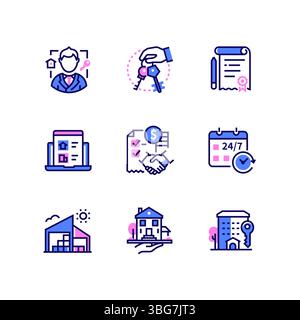 Vente et location résidentielles - ensemble d'icônes de style art au trait Illustration de Vecteur