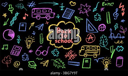 L'école de charbon de bois gribouille sur fond de tableau noir. Icônes amusantes dessinées à la main pour les thèmes de la rentrée scolaire. Crayon de cire pastel coloré pour l'éducation enfantine mignonne Illustration de Vecteur