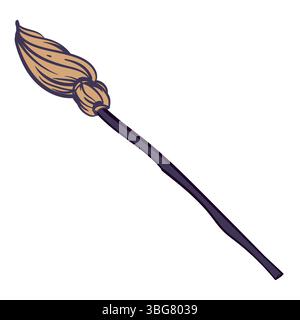 Balai de sorcière vecteur, objet volant magique. Vieux balai de sorcellerie avec manche en bois isolé sur blanc. Élément de décoration d'Halloween dans un style plat. Illustration de Vecteur