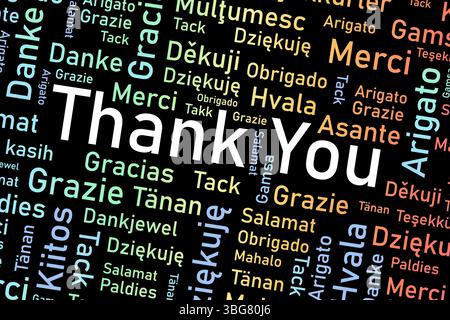Thank you words in many languages. Different international language thank you word collage. Illustration de Vecteur
