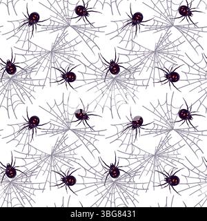 La veuve noire araignée Latrodectus occidentalis est accrochée à une toile. Araignée noire avec des taches rouges dans un style plat. Insecte toxique dangereux sur un fond blanc. Modèle sans couture de vecteur pour Halloween. Illustration de Vecteur
