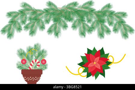 Poinsettia Flower Bud et brindilles de pin en pot de fleur et ensemble d'éléments décoratifs festifs Garland Holiday. Illustration vectorielle isolée cartes de voeux thématiques de Noël ou bannière promotionnelle, dépliants, étiquette, étiquette Illustration de Vecteur