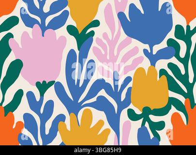 Fond floral abstrait groovy dans le style artistique matisse. Fleurs et plantes dessinées à la main dans le style hippie naïf tendance des années 60-70 Illustration de Vecteur