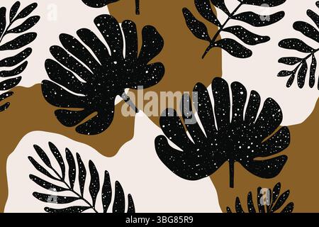 Motif de plantes exotiques de la jungle dessiné à la main. Fond horizontal abstrait minimal dans des couleurs de terre neutres. Collage vectoriel contemporain Illustration de Vecteur