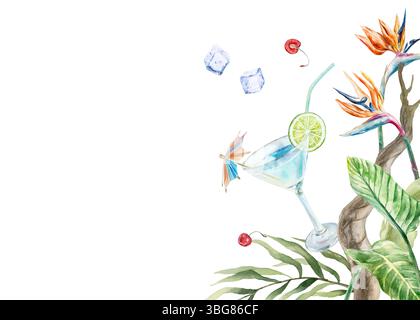 Cocktail bleu tropical en gobelet en verre, glaçons, feuilles exotiques et plantes. Illustration d'aquarelle dessinée à la main isolée sur blanc. Pour les cartes postales, invi Banque D'Images