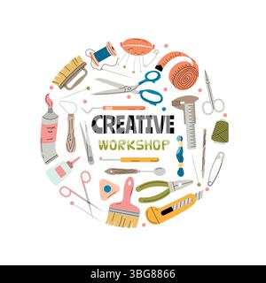Atelier créatif. modèle de fond de forme de cercle avec différents outils pour les concepteurs faits à la main Illustration de Vecteur