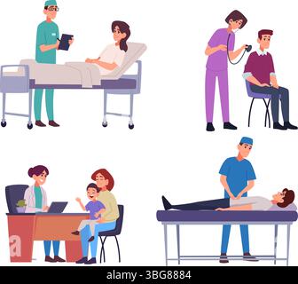 Composition médicale. Services de soins de santé consultation médicale vectorielle exacte illustrations de médecins de dessins animés Illustration de Vecteur
