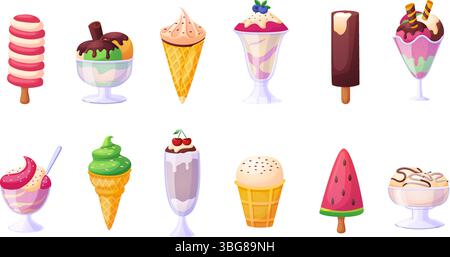 Dessert à la crème glacée. Nourriture crémeuse sucrée dans des cônes de gaufre et des bols en verre avec différentes garnitures, baies, bonbons. De nos jours, de délicieux popsicles d'été Illustration de Vecteur