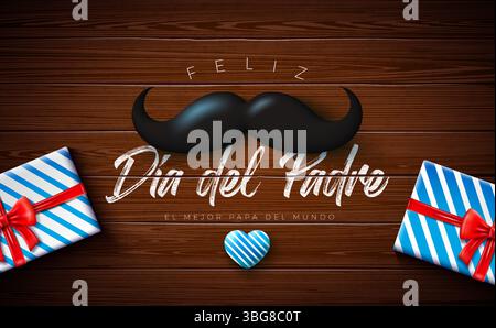 Joyeux design de carte de voeux de fête des pères avec boîte-cadeau, cœur bleu, moustache et lettrage de typographie sur fond de bois vintage. Célébration vectorielle Illustration de Vecteur