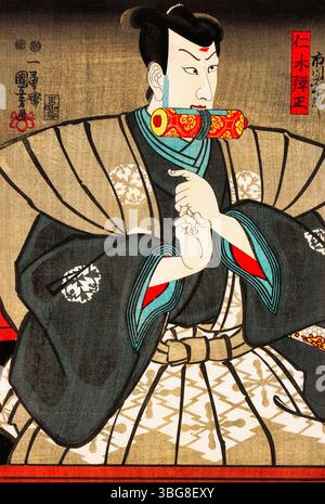Kabuki méchant Nikki Danjo saisissant rouleau avec des dents. Ukiyo-e Woodblock de Kuniyoshi (1849), drame de la période Edo. Image du domaine public. Banque D'Images
