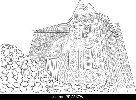 Illustration détaillée d'art au trait noir et blanc d'une maison française ornée de motifs et de textures complexes, parfait pour les livres de coloriage, la relaxation, Illustration de Vecteur