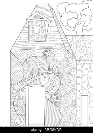 Illustration de dessin au trait noir et blanc d'une maison stylisée avec des motifs et des textures complexes, adapté aux livres de coloriage pour adultes, à l'art thérapie, ou Illustration de Vecteur