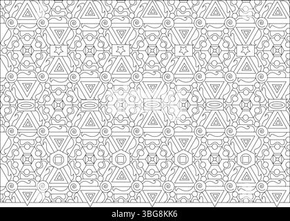Un motif abstrait noir et blanc détaillé présentant une variété de formes géométriques, y compris des triangles, des hexagones, des carrés, des cercles et des spirales, conn Illustration de Vecteur