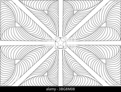 Un design géométrique abstrait avec des lignes courbes rayonnantes dans des segments triangulaires et rectangulaires, centrés autour d'un motif d'étoile. Présenté comme Illustration de Vecteur