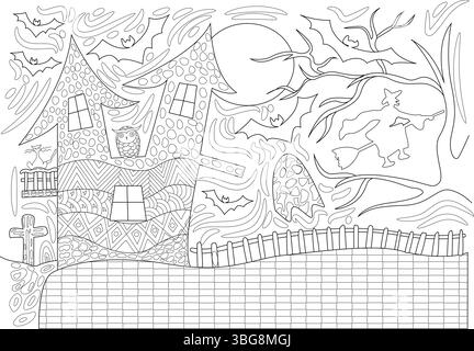 Dessin au trait détaillé illustration d'une scène de maison hantée effrayante, mettant en scène une maison hantée, des chauves-souris, une sorcière, un chat, un hibou, une pleine lune, un tr noueux Illustration de Vecteur