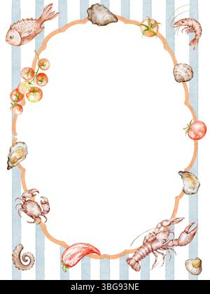 Bordure de fruits de mer avec homard, crevettes, crabe, huître et poisson. Cadre de cuisine avec citron, poivre et cuisine italienne traditionnelle. Waterco dessiné à la main Banque D'Images